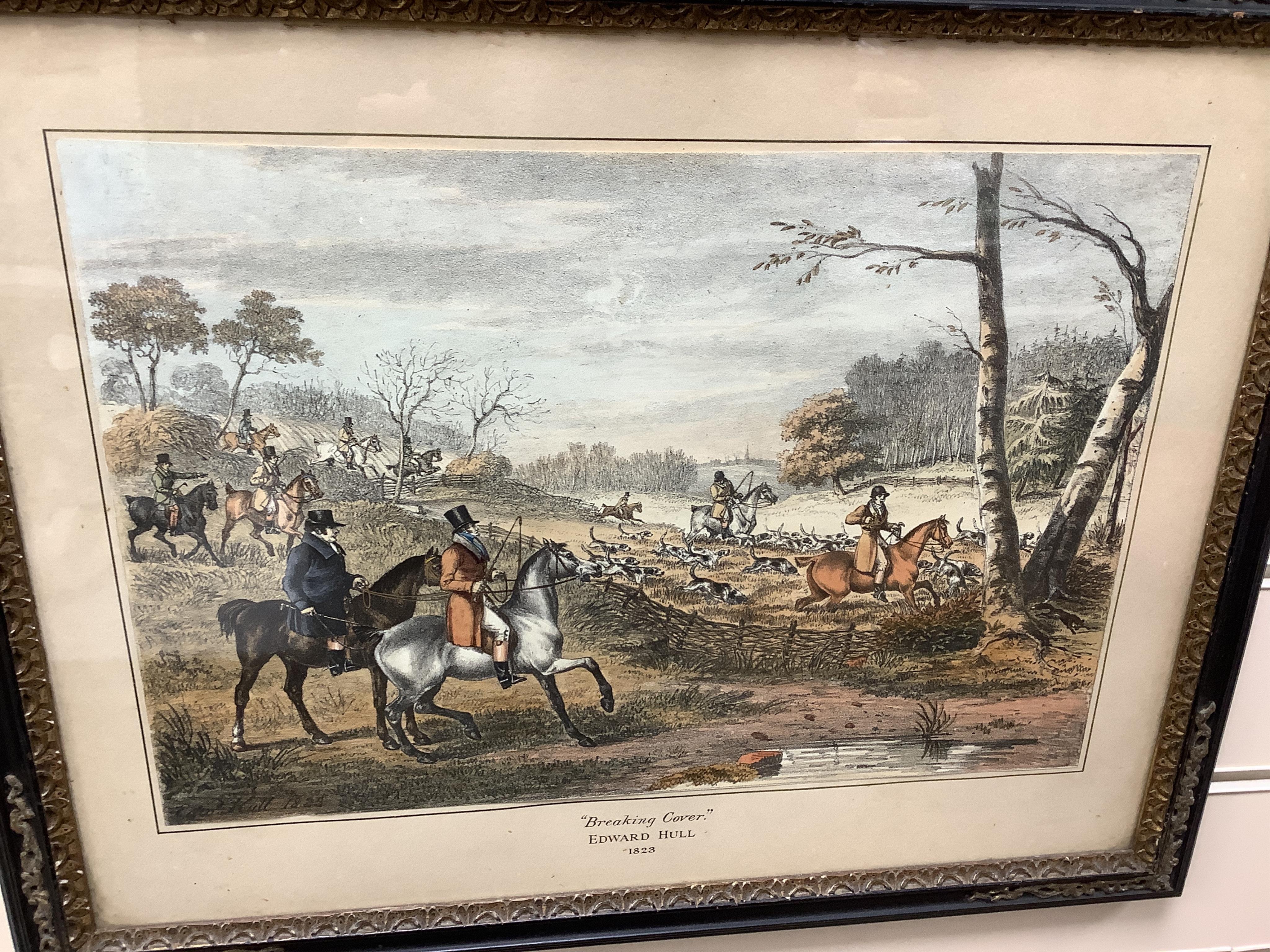 After Dean Wolstenholme (1757-1837) and Edward Hull, eight hunting interest lithographs to include: 'Unkenneling', 'Breaking cover', 'Morning' and 'Afternoon', 32 x 42cm